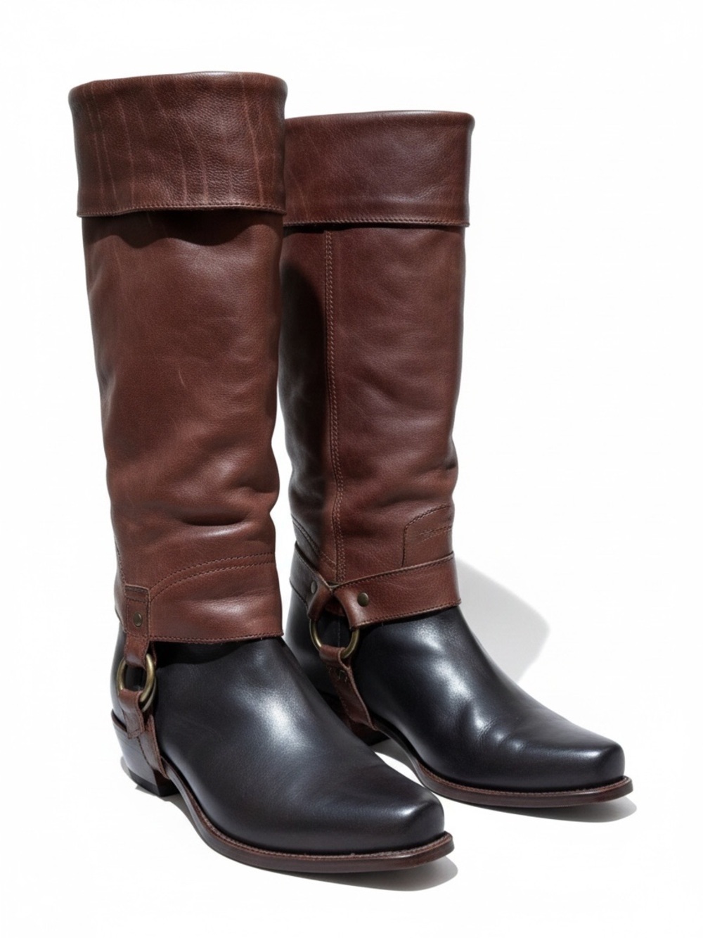 Juicy Couture Y2K Vintage DRAKE Western Leather Riding Boots Buckle Tall Brown